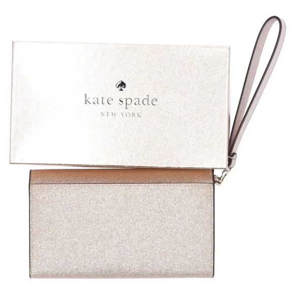 Kate Spade Glimmer Boxed Medium Flap Phone Wristlet Wallet Gold Glitter Holiday - Picture 5 of 6